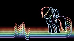 Size: 1920x1080 | Tagged: safe, artist:smockhobbes, rainbow dash, pegasus, pony, g4, black background, eyes closed, female, glowing, hooves, lineart, mare, minimalist, neon, outline, photoshop, rainbow, simple background, solo, soundwave, spread wings, standing, wallpaper, wings
