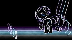 Size: 1920x1080 | Tagged: safe, artist:smockhobbes, rarity, pony, unicorn, g4, black background, female, glowing, hooves, horn, lineart, lines, looking back, mare, minimalist, modern art, neon, photoshop, raised hoof, raised leg, simple background, solo, standing, wallpaper