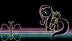 Size: 1920x1080 | Tagged: safe, artist:smockhobbes, fluttershy, butterfly, pegasus, pony, g4, black background, female, glowing, hooves, lineart, lines, mare, minimalist, modern art, neon, photoshop, simple background, solo, spread wings, standing, wallpaper, wings