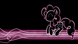 Size: 1920x1080 | Tagged: safe, artist:smockhobbes, pinkie pie, earth pony, pony, black background, eyes closed, female, glowing, happy, hooves, hopping, jumping, lineart, lines, mare, minimalist, modern art, neon, photoshop, simple background, solo, wallpaper