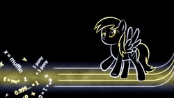 Size: 1920x1080 | Tagged: safe, artist:smockhobbes, derpy hooves, pegasus, pony, g4, black background, equation, female, glowing, hooves, lineart, lines, mare, math, minimalist, modern art, neon, photoshop, raised hoof, simple background, solo, spread wings, wallpaper, wings