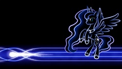 Size: 1920x1080 | Tagged: safe, artist:smockhobbes, princess luna, alicorn, pony, g4, black background, comet, female, glowing, hooves, horn, jewelry, lineart, lines, mare, minimalist, modern art, neon, photoshop, raised leg, rearing, regalia, shooting star, simple background, solo, spread wings, tiara, wallpaper, wings