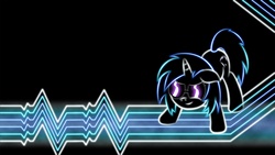 Size: 1920x1080 | Tagged: safe, artist:smockhobbes, dj pon-3, vinyl scratch, pony, unicorn, g4, black background, female, floppy ears, hooves, horn, lineart, mare, neon, photoshop, simple background, smiling, solo, sunglasses, wallpaper
