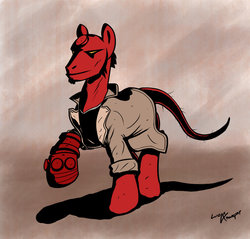 Size: 900x860 | Tagged: safe, artist:lunarapologist, original species, pony, unicorn, clothes, creepy, hellboy, male, ponified, rule 85, solo, stallion