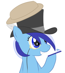 Size: 806x907 | Tagged: dead source, safe, artist:fribox, minuette, pony, unicorn, g4, brilliant, feather, female, hat, mare, monocle, show accurate, simple background, smiling, solo, toothbrush, toothpaste, top hat, white background