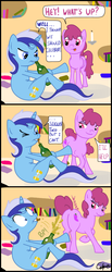Size: 482x1174 | Tagged: safe, artist:colgatefim, berry punch, berryshine, minuette, earth pony, pony, unicorn, g4, 3 panel comic, alcohol, anatomically incorrect, bedroom eyes, berry butt, book, bookshelf, bottle, butt, candle, champagne, comic, cork, dialogue, drink, female, first anatomically incorrect picture on derpibooru, first berry punch image on derpibooru, golden oaks library, horn, incorrect leg anatomy, indoors, innuendo, lesbian, library, lidded eyes, mare, mouth hold, one-shot comic, plot, presenting, presenting butt, ship:berrygate, shipping, speech bubble, surprised, tail, tail aside, turning, wide eyes, wine