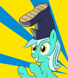 Size: 600x683 | Tagged: dead source, safe, artist:madmax, lyra heartstrings, pony, unicorn, g4, abstract background, animated, are you my neighbor?, boot, boots, clapping, clopplauding, crossover, cute, female, first veggietales picture on derpibooru, gif, larry the cucumber, lyrabetes, mare, reference, shoe on head, smiling, solo, the story of flibber-o-loo, veggietales, vermin supreme
