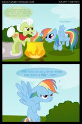 Size: 2170x3240 | Tagged: safe, artist:diegotan, granny smith, rainbow dash, earth pony, pegasus, pony, comic:granny smithix, g4, 2 panel comic, angry, annoyed, asterix, bipedal, brewing, cauldron, comic, crossover, dialogue, duo, duo female, elderly, english, female, fire, frown, gimp, high res, magic potion, mare, obelix, panoramix, parody, potion, rainbow, rainbow dumb, show accurate