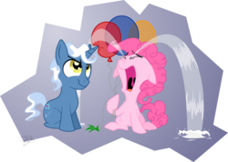 Size: 800x571 | Tagged: dead source, safe, artist:jenny-jen, pinkie pie, pokey pierce, earth pony, pony, unicorn, g4, balloon, balloon popping, bully, bullying, crying, duo, female, male, mare, ocular gushers, photoshop, pure unfiltered evil, sad, simple background, stallion, this will end in cupcakes, transparent background, uvula