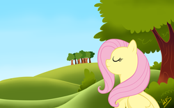 Size: 1280x800 | Tagged: dead source, safe, artist:nana-z, fluttershy, pegasus, pony, g4, calm, eyes closed, female, mare, meditation, outdoors, relaxing, smiling, solo, tree