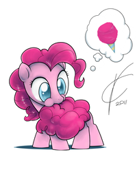 Size: 1600x2000 | Tagged: safe, artist:valcron, pinkie pie, earth pony, pony, g4, 2011, artifact, biting, colored pupils, cotton candy, cotton candy tail, cute, daaaaaaaaaaaw, diabetes, diapinkes, digital art, female, filly, filly pinkie pie, foal, food, hnnng, looking back, mare, nibbling, nom, pinkie being pinkie, puffy cheeks, silly, silly pony, simple background, solo, tail, tail bite, thought bubble, weapons-grade cute, white background, wide eyes, younger
