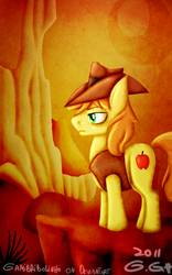 Size: 500x800 | Tagged: safe, artist:gamibrii, braeburn, earth pony, pony, g4, over a barrel, desert, first braeburn picture on derpibooru, male, reflection, serious, serious face, solo, stallion, standing