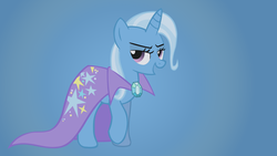 Size: 1920x1080 | Tagged: safe, artist:shelmo69, trixie, pony, unicorn, boast busters, g4, blue background, brooch, cape, clothes, female, gradient background, jewelry, mare, photoshop, show accurate, solo, trixie's brooch, trixie's cape, wallpaper, was there ever any doubt?