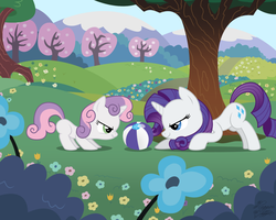 Size: 1280x1024 | Tagged: safe, artist:facelessjr, rarity, sweetie belle, pony, unicorn, g4, adobe imageready, ball, belle sisters, blank flank, cute, diasweetes, duo, duo female, female, filly, first show accurate picture on derpibooru, flower, mare, mountain, raribetes, scrunchy face, show accurate, sisters, tree