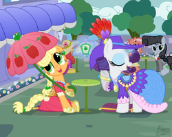 Size: 1280x1024 | Tagged: safe, artist:facelessjr, applejack, rarity, oc, unnamed oc, earth pony, pony, unicorn, g4, apple, applejack also dresses in style, classy, clothes, cute, dress, duo focus, female, food, glowing horn, hatless, horn, jackabetes, jewelry, kitsch, levitation, magic, male, mare, missing accessory, necklace, open mouth, perfume, pompadour, puffy sleeves, raised hoof, raised leg, raribetes, saddle, show accurate, sitting, stallion, tack, telekinesis, umbrella