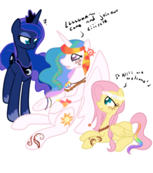 Size: 800x900 | Tagged: safe, artist:otterlore, fluttershy, princess celestia, princess luna, alicorn, pegasus, pony, unicorn, g4, colored pupils, cute, cutelestia, dialogue, english, female, folded wings, henna, high, hippie, hippieshy, hoof shoes, horn, lunabetes, mare, missing wing, partially open wings, peace sign, question mark, rainbow, royal sisters, shyabetes, siblings, sidemouth, simple background, sisters, sitting, standing, transparent background, trio, trio female, unicorn luna, wat, wings