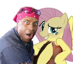 Size: 414x362 | Tagged: safe, fluttershy, human, pegasus, pony, g4, duo, female, fluttershy is best facemaker, happy negro, irl, irl human, mare, meme, photo, photoshop, simple background, white background