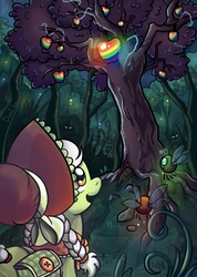 Size: 640x900 | Tagged: safe, artist:don-ko, granny smith, earth pony, parasprite, pony, family appreciation day, g4, season 2, adorasmith, apple, cottagecore, cute, everfree forest, eyes in the dark, female, filly, mare, photoshop, shiny, solo, tree, young granny smith, younger, zap apple, zap apple tree