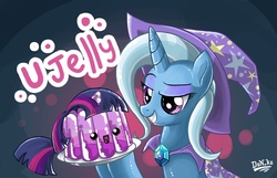 Size: 855x550 | Tagged: safe, artist:don-ko, trixie, twilight sparkle, pony, unicorn, boast busters, g4, clothes, cute, duo, duo female, female, food transformation, hat, horn, inanimate tf, jellight sparkle, jello, jelly, mare, photoshop, pun, pure unfiltered evil, small horn, smiling, smirk, smug, text, transformation, trixie's hat, twiabetes, twilight sparkelley, u mad, wat