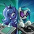 Size: 600x600 | Tagged: safe, artist:don-ko, dj pon-3, princess luna, vinyl scratch, alicorn, pony, unicorn, g4, colored pupils, cute, disc jockey, duo, duo female, female, hoof shoes, lunabetes, mare, photoshop, s1 luna, smiling, turntable, vinylbetes