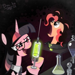 Size: 600x600 | Tagged: safe, artist:don-ko, pinkie pie, twilight sparkle, earth pony, pony, unicorn, g4, artifact, beaker, cthulhu mythos, disembodied head, duo, duo female, erlenmeyer flask, female, forever, glasses, glowing, herbert west, laboratory, lovecraft, mad scientist, mare, necktie, needle, photoshop, re-animator, science, stand back i'm going to try science, syringe, unicorn twilight