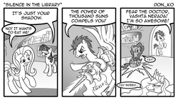 Size: 1024x575 | Tagged: safe, artist:don-ko, doctor whooves, fluttershy, princess celestia, time turner, twilight sparkle, alicorn, earth pony, pegasus, pony, unicorn, comic:silence in the library, g4, 3 panel comic, annoyed, anxiety, asphyxiation, behaving like a weapon, black and white, blushing, book, bookhorse, burned, choking, comic, crown, dialogue, doctor who, english, erotic asphyxiation, exorcist, female, frown, gasp, grayscale, happy, hiding, horn, horngasm, implied orgasm, jewelry, magic, male, mare, monochrome, one-shot comic, orgasm, parody, photoshop, raised hoof, raised leg, rearing, regalia, silence in the library, simple background, sitting, smiling, spread wings, stallion, straight, the power of christ compels you, tongue out, unicorn twilight, vashta nerada, white background, wingboner, wings, yay