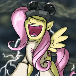 Size: 640x640 | Tagged: safe, artist:giantmosquito, fluttershy, pegasus, pony, g4, ask-equestria, clothes, cloud, cloudy, coat, crossover, dr adorable, dr. horrible, dr. horrible's sing-along blog, evil laugh, eyes closed, female, gloves, goggles, lab coat, laughing, lightning, mare, open mouth, outdoors, pure unfiltered evil, singing, solo, spread wings, standing, storm, thunderstorm, tongue out, wings