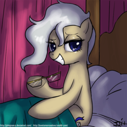 Size: 900x900 | Tagged: safe, artist:johnjoseco, mayor mare, earth pony, pony, g4, adobe imageready, beautiful, bed, bedroom eyes, colored pupils, female, glasses, glasses off, mare, morning ponies, sitting, solo