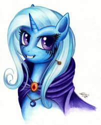 Size: 800x989 | Tagged: safe, artist:lavosvsbahamut, trixie, pony, unicorn, g4, accessory, bust, cape, clothes, colored pencil drawing, crescent moon, female, jewelry, looking up, mare, moon, necklace, pencil, portrait, simple background, smiling, solo, tattoo, traditional art, trixie's cape, watercolor painting, white background