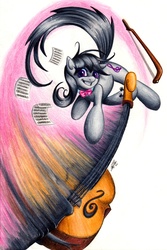 Size: 900x1347 | Tagged: safe, artist:lavosvsbahamut, octavia melody, earth pony, pony, g4, action pose, angry, bow, cello, colored pencil drawing, combat, female, fight, gel pen, jumping, mare, melee weapon, musical instrument, pencil, photoshop elements, sheet, sheet music, simple background, smiling, solo, swing, swinging, traditional art, watercolor painting, weapon, white background