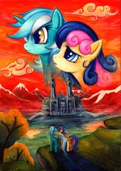 Size: 700x990 | Tagged: safe, artist:lavosvsbahamut, bon bon, lyra heartstrings, sweetie drops, earth pony, pony, unicorn, cloud, colored pencil drawing, crossover, duo, featured image, female, lesbian, lyrabon, macross, mare, mountain, parody, photoshop elements, poster, robotech, sdf 1, shipping, smiling, traditional art
