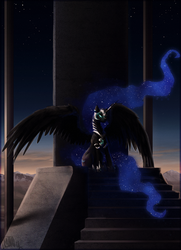 Size: 984x1362 | Tagged: safe, artist:cosmicunicorn, nightmare moon, alicorn, pony, g4, female, glowing eyes, long hair, long mane, long tail, mare, mountain, night, painting, photoshop, scenery, sky, solo, spread wings, stairs, stars, throne