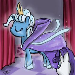 Size: 900x900 | Tagged: dead source, safe, artist:speccysy, rarity, trixie, pony, unicorn, g4, alternate hairstyle, aura, cap, clothes, colored pupils, crown, dignified wear, dress, duo, duo female, eyes closed, female, gala dress, hat, mare