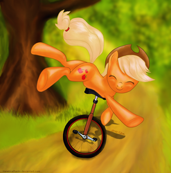 Size: 2076x2098 | Tagged: dead source, safe, artist:hereticalrants, applejack, earth pony, pony, g4, applejack's hat, cowboy hat, cute, description in comments, female, funny, grass, happy, hat, high res, jackabetes, mare, path, silly, silly pony, smiling, solo, tree, trick, unicycle, who's a silly pony