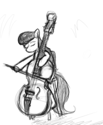Size: 677x822 | Tagged: safe, artist:enma-darei, octavia melody, earth pony, pony, g4, black and white, bow (instrument), classy, contrabass, double bass, female, grayscale, mare, monochrome, musical instrument, palindrome get, simple background, sketch, solo, stool, white background