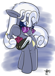Size: 900x1221 | Tagged: safe, artist:mister-markers, hoity toity, earth pony, pony, g4, abstract background, classy, clothes, colored pupils, floppy ears, glasses, grin, looking at you, male, raised hoof, raised leg, signature, smiling, solo, stallion, sunglasses