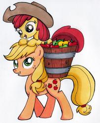 Size: 1480x1827 | Tagged: safe, artist:thedarklordkeisha, apple bloom, applejack, earth pony, pony, g4, accessory swap, apple, apple bloom riding applejack, apple sisters, applejack's hat, basket, blank flank, cowboy hat, duo, duo female, female, filly, foal, freckles, grin, happy, hat, looking at each other, mare, ponies riding ponies, riding, simple background, sisters, smiling, stetson, traditional art, white background
