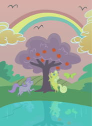 Size: 1450x1975 | Tagged: safe, artist:capt-nemo, bird, butterfly, earth pony, pony, g4, winter wrap up, apple, apple tree, blank flank, cloud, cloudy, cmyk, duo, duo female, female, food, grape oasis, lake, lime paradise, mare, outdoors, picture, rainbow, raised leg, rearing, reflection, tree, water