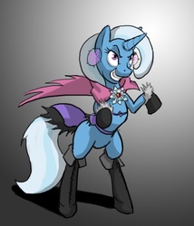 Size: 643x752 | Tagged: safe, alternate version, artist:moronsonofboron, trixie, pony, unicorn, g4, bipedal, boots, cape, clothes, ear piercing, earring, female, gradient background, grin, jewelry, mare, pentagram, piercing, rearing, smiling, solo