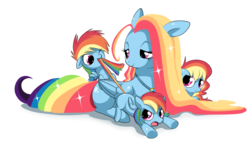 Size: 1100x644 | Tagged: safe, artist:equestriaboy, rainbow dash, oc, oc:rainbow's mom, pegasus, pony, g4, blank flank, cute, dashabetes, family, female, filly, floppy ears, foal, frown, glare, mare, missing cutie mark, mother, motherly, necklace, open mouth, prone, rainbow mom, simple background, smiling, smirk, sparkles, tail bite, tail pull, transparent background, triplets, wink, younger