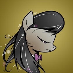 Size: 1440x1440 | Tagged: safe, artist:yikomega, octavia melody, earth pony, pony, g4, bowtie, bubble, bust, cd cover, female, frown, gradient background, looking down, mare, messy mane, photoshop, portrait, profile, sad, solo