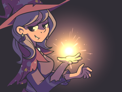 Size: 1024x768 | Tagged: safe, artist:karzahnii, trixie, human, g4, cape, clothes, female, glowing, hat, humanized, magic, solo, trixie's cape, trixie's hat