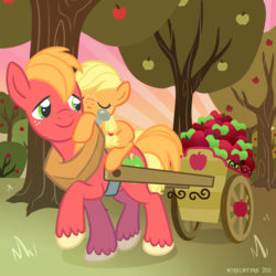 Size: 900x900 | Tagged: safe, artist:katiesketch, applejack, big macintosh, earth pony, pony, g4, apple, applejack riding big macintosh, blank flank, brother and sister, carrying, cart, colored hooves, cute, duo, female, filly, filly applejack, foal, food, freckles, jackabetes, lying down, lying on top of someone, macabetes, male, outdoors, ponies riding ponies, riding, show accurate, sleeping, stallion, tree, unshorn fetlocks, younger