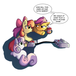 Size: 600x600 | Tagged: safe, artist:butterscotch25, apple bloom, scootaloo, sweetie belle, earth pony, pegasus, pony, unicorn, g4, apple bloom's bow, bored, bow, console, cutie mark crusaders, dialogue, female, filly, hair bow, lidded eyes, looking at each other, playing video games, prone, scootaloo will show us games to play, simple background, sitting, soda, speech bubble, tongue out, transparent background, trio, trio female, underhoof, video game