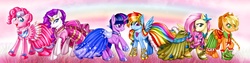 Size: 3504x878 | Tagged: safe, artist:madelezabeth, applejack, fluttershy, pinkie pie, rainbow dash, rarity, twilight sparkle, earth pony, pegasus, pony, unicorn, g4, the best night ever, beautiful, candy, clothes, colored pupils, dignified wear, dress, female, food, gala dress, looking at you, mane six, mare, multiple characters, photoshop, pretty, rainbow, unicorn twilight