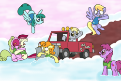 Size: 2322x1557 | Tagged: safe, artist:kukimao, berry punch, berryshine, carrot top, cloud kicker, daisy, derpy hooves, flower wishes, golden harvest, roseluck, spring melody, sprinkle medley, earth pony, pegasus, pony, g4, winter wrap up, background pony, clothes, crossover, derpy driving, dirt, driving, female, first carrot top image on derpibooru, first sprinkle melody image on derpibooru, flying, i just don't know what went wrong, male, mare, mr. plow, multiple characters, ovapowa'd plow!, parody, plant team, plow, riding, snow, the horror, the simpsons, this will end in pain, this will end in tears, truck, vest, weather team, winter wrap up vest