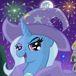 Size: 1000x1000 | Tagged: dead source, safe, artist:arcum89, trixie, pony, unicorn, boast busters, g4, building, canterlot, female, fireworks, looking at you, mare, mare in the moon, moon, night, open mouth, pi, show accurate, sky, smiling, solo, trixie's cape, trixie's hat