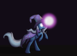 Size: 985x719 | Tagged: safe, artist:enma-darei, trixie, pony, unicorn, g4, bipedal, darkness, female, glowing eyes, glowing horn, horn, magic, mare, rearing, solo, trixie's cape, trixie's hat
