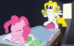 Size: 2560x1600 | Tagged: safe, artist:adiwan, gummy, pinkie pie, surprise, alligator, earth pony, pegasus, pony, reptile, g1, g4, bed, blanket, cymbals, deviantart, female, g1 to g4, generation leap, hat, incoming prank, mare, musical instrument, newbie artist training grounds, nightcap, photoshop, prank, pure unfiltered evil, show accurate, sleeping, this will end in tears, trio, wallpaper, you monster