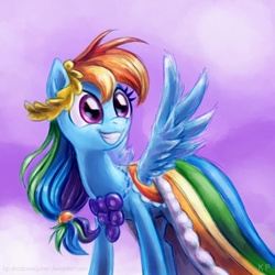 Size: 1000x1000 | Tagged: safe, artist:kp-shadowsquirrel, rainbow dash, pegasus, pony, g4, the best night ever, clothes, cute, dashabetes, dignified wear, dress, excited, female, gala dress, gown, grin, happy, mare, smiling, solo, spread wings, squee, wings